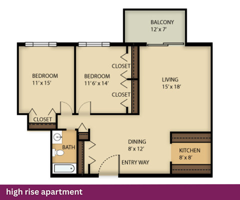 A floor plan of a high rise apartment with a balcony, two bedrooms, a living room, a dining area, a kitchen, and a bathroom.